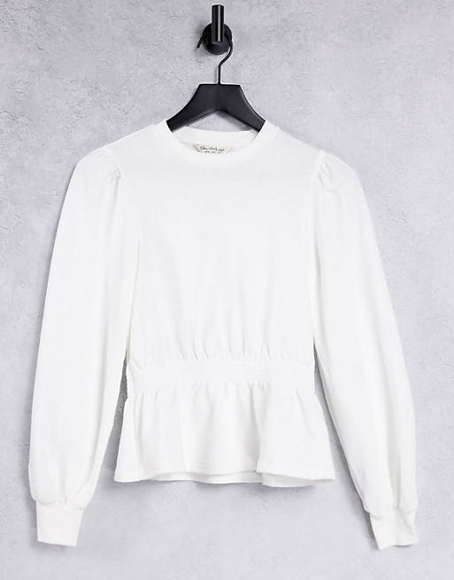 Miss Selfridge long sleeve shirred peplum sweatshirt in white