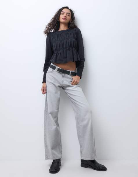 Miss Selfridge long sleeve shirred peplum top in black - view 1