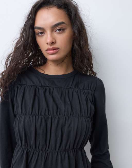 Miss Selfridge long sleeve shirred peplum top in black, 2 of 5