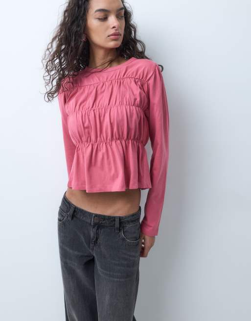 Miss Selfridge long sleeve shirred peplum top in rose, 5 of 5