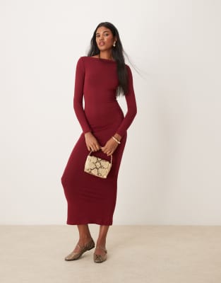 long sleeve slash neck maxi dress in burgundy-Red