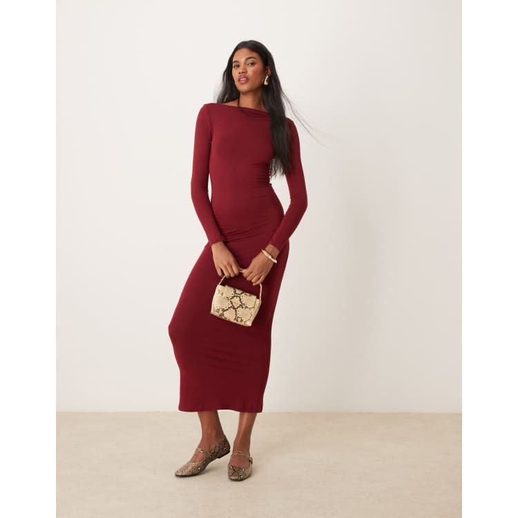 knee length dresses for ladies Avinci |Wine Side Ruching Bodycon Full-Sleeve Jersey Evening Gown 8