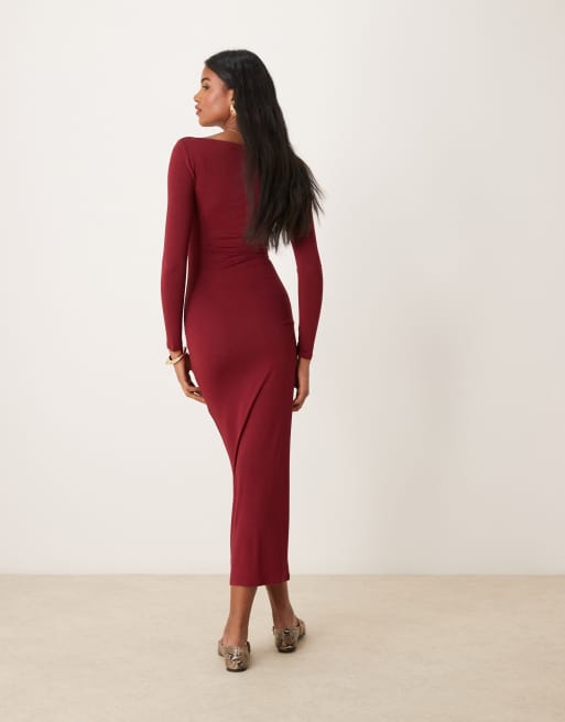 Miss Selfridge long sleeve slash neck maxi dress in burgundy | ASOS