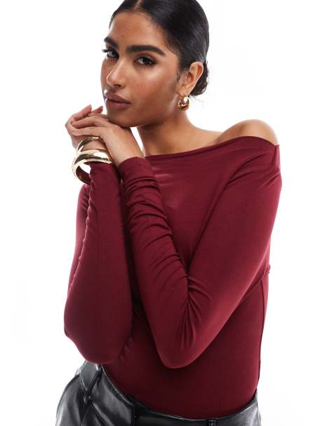 Miss Selfridge long sleeve slash neck top in burgundy - view 1