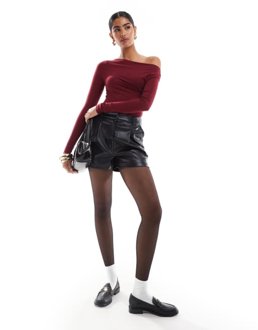 Miss Selfridge long sleeve slash neck top in burgundy, 4 of 4