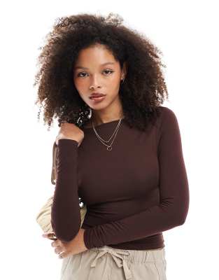 miss selfridge long sleeve slash neck top in chocolate brown