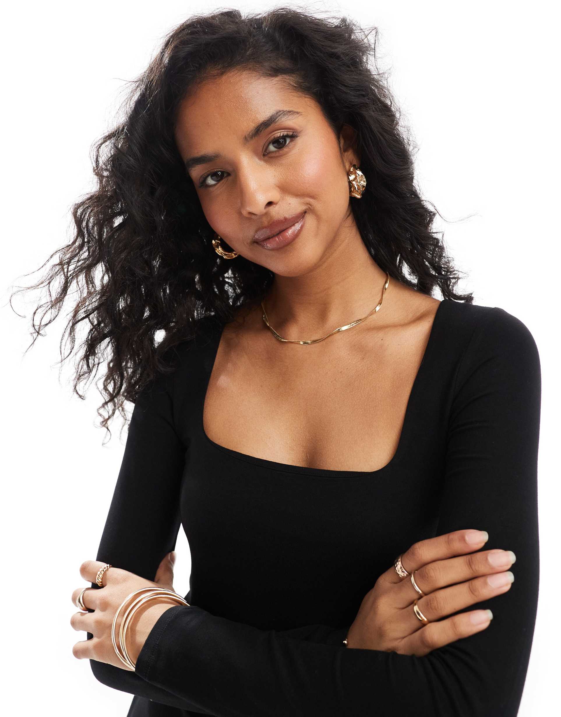 miss selfridge long sleeve square neck fit and flare mini dress in black