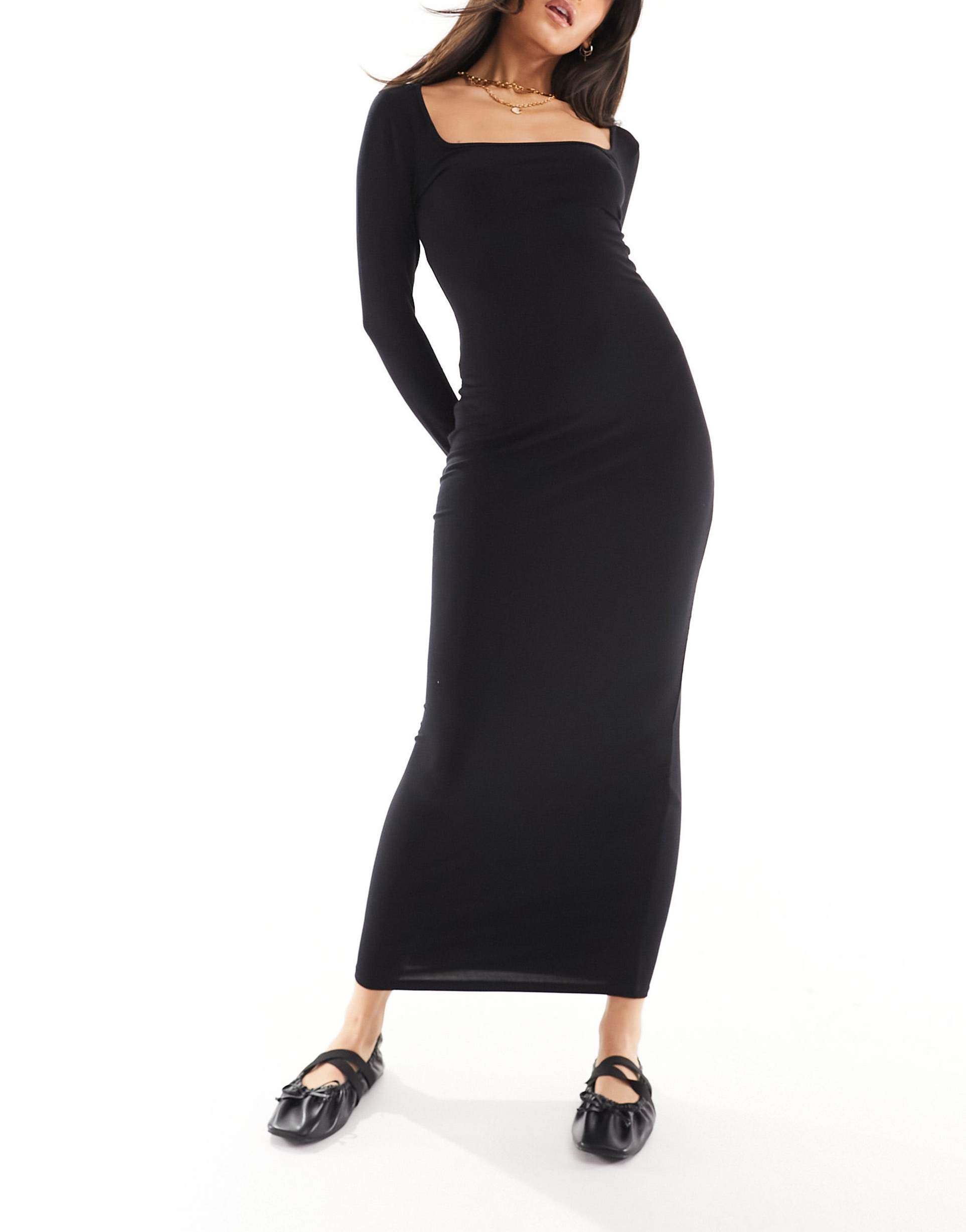 miss selfridge long sleeve square neck super soft bodycon maxi dress in black