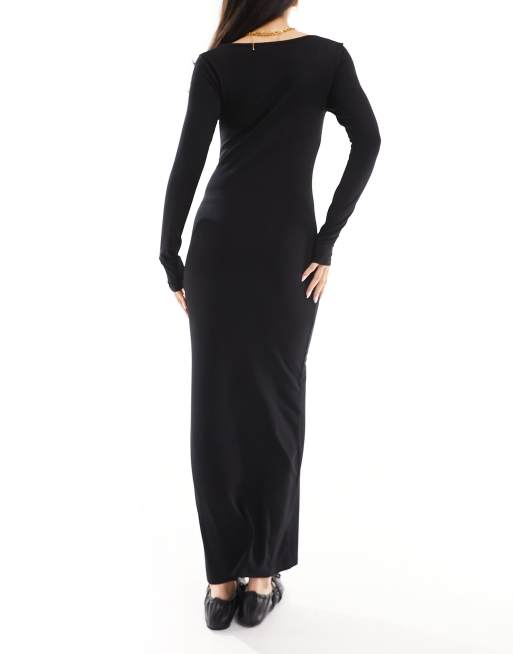 Miss Selfridge long sleeve square neck super soft bodycon maxi dress in black, 4 of 4