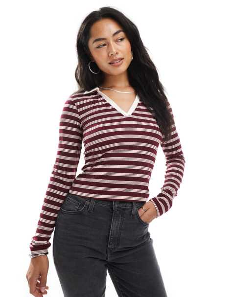 Miss Selfridge long sleeve stripe polo top in stripe - view 1