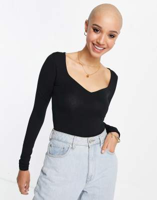 Miss Selfridge Long Sleeve Sweetheart Neck Bodysuit-black