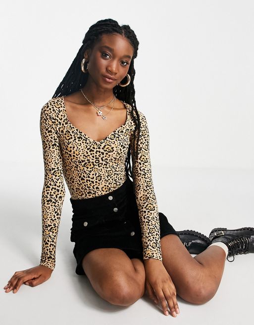 Topshop Riley leopard print lace trim bodysuit in multi