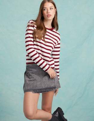 long sleeve t-shirt in burgundy stripe-Multi