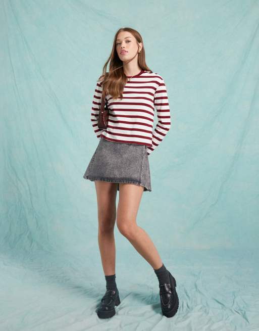 Miss Selfridge long sleeve t-shirt in burgundy stripe
