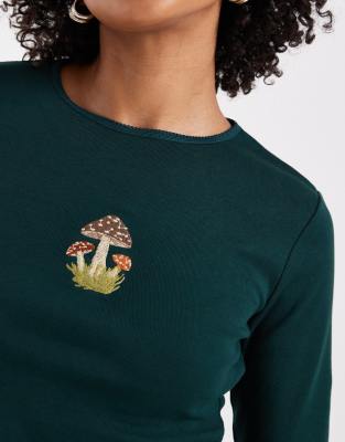 Miss Selfridge Long Sleeve T-shirt With Mushroom Embroidery In Brown