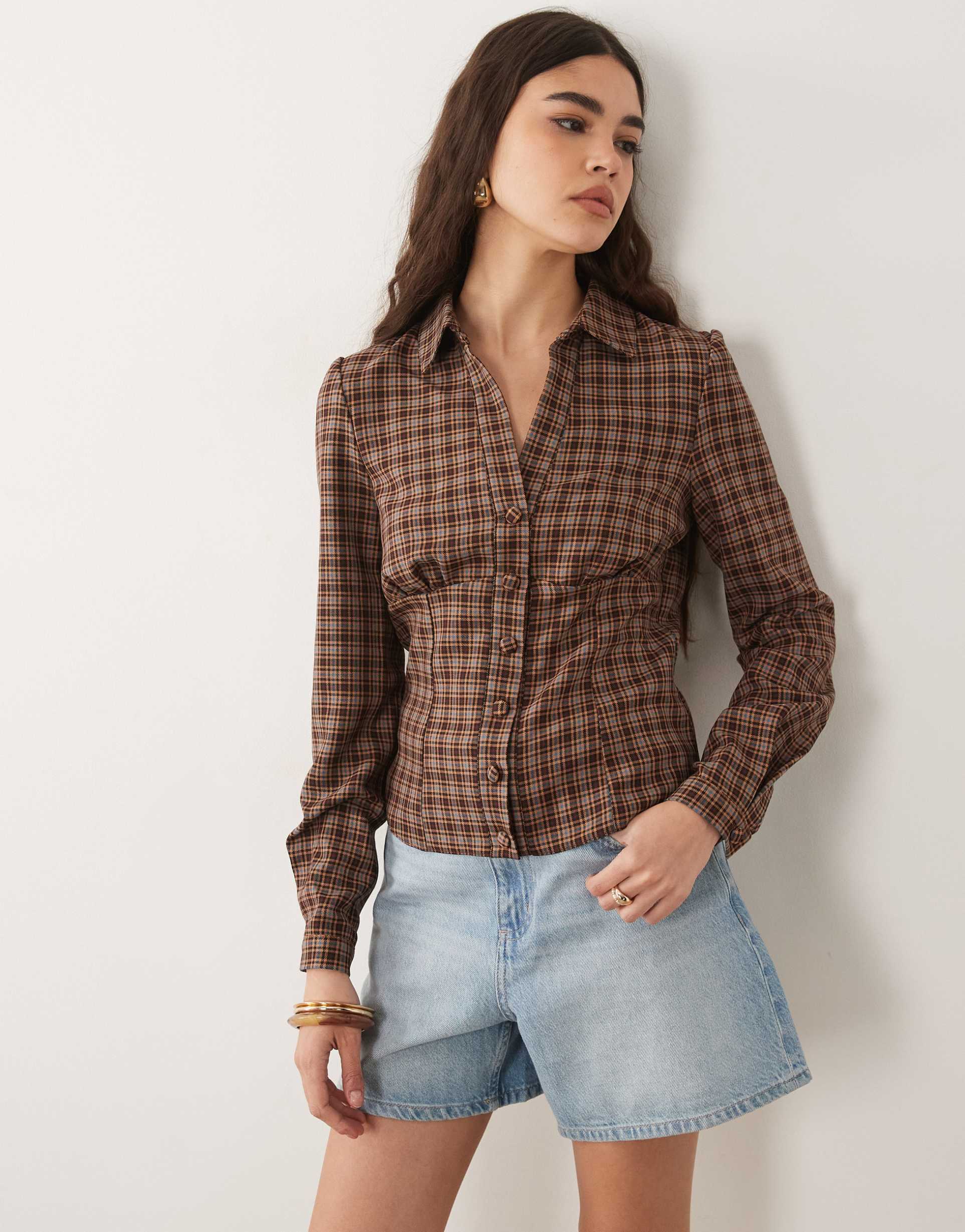 miss selfridge long sleeve tailored shirt in plaid - part of a set