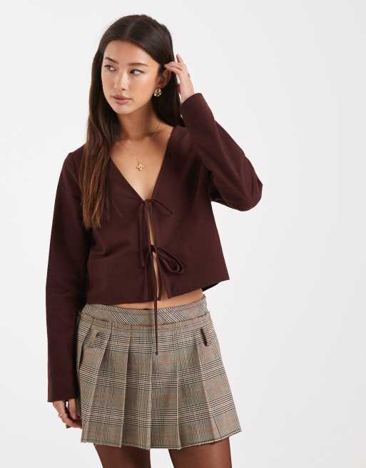 Miss Selfridge long sleeve tie front top co-ord in chocolate