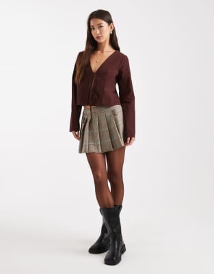 Miss Selfridge Long Sleeve Tie Front Top In Brown