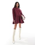[Miss Selfridge] Miss Selfridge long sleeve tie neck denim tee dress-Red S BURGUNDY