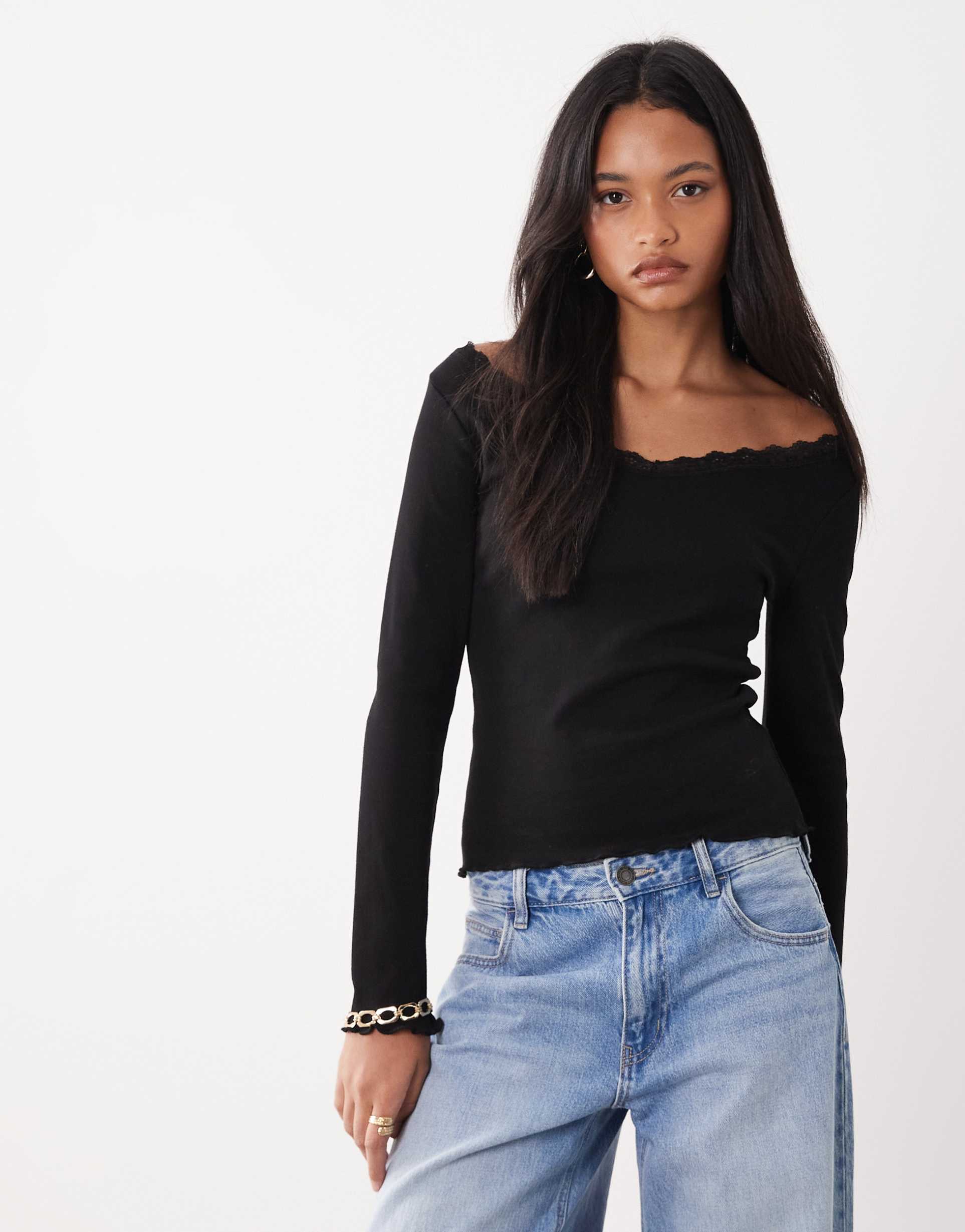 miss selfridge long sleeve top with lace neckline