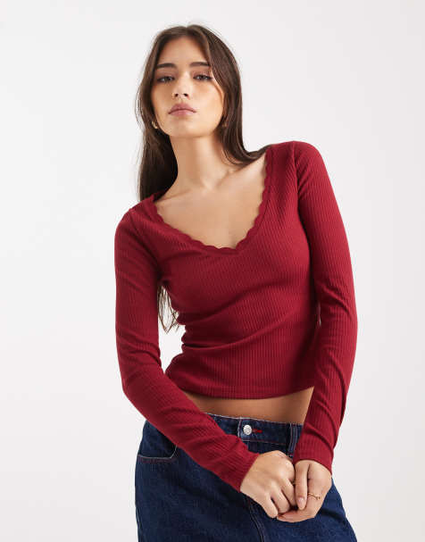Miss Selfridge long sleeve top with scallop trim in red
