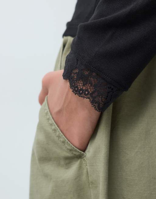 Miss Selfridge long sleeve twist top with lace trim in black, 4 of 5