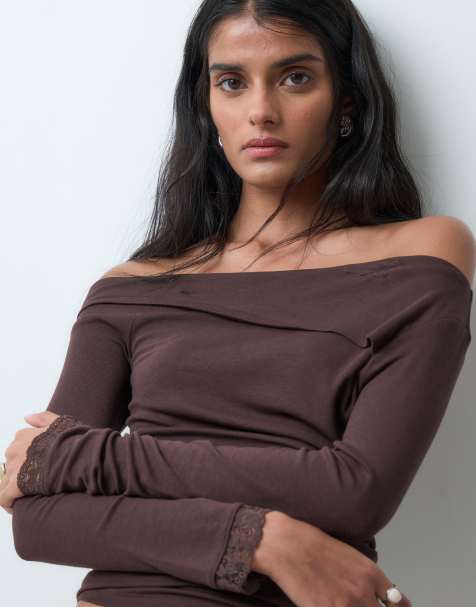 Miss Selfridge long sleeve twist top with lace trim in chocolate brown - view 1