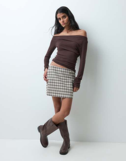 Miss Selfridge long sleeve twist top with lace trim in chocolate brown, 2 of 5