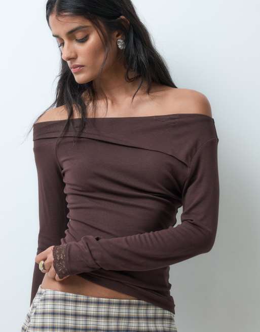 Miss Selfridge long sleeve twist top with lace trim in chocolate brown, 5 of 5