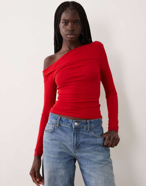 Miss Selfridge long sleeve twist top with lace trim in red