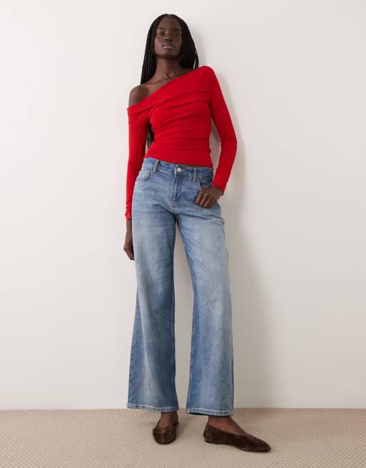 Miss Selfridge long sleeve twist top with lace trim in red, 3 of 4