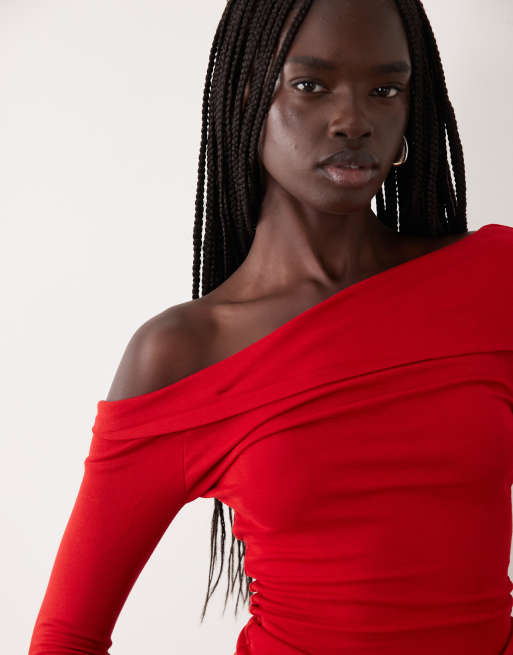 Miss Selfridge long sleeve twist top with lace trim in red, 4 of 4