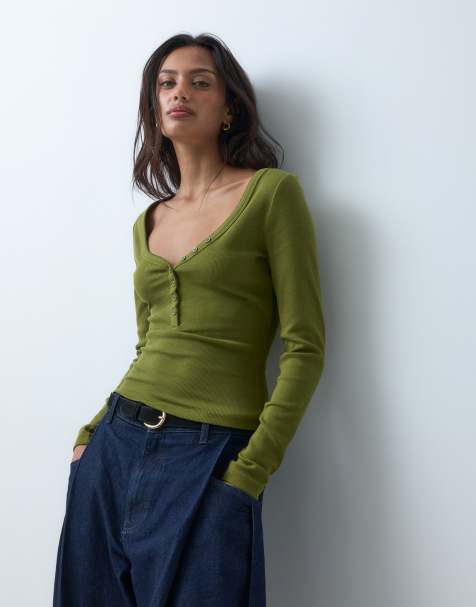 Miss Selfridge long sleeve v neck henley top in olive