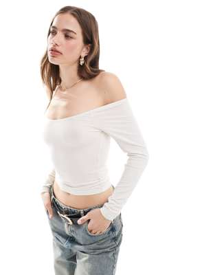 miss selfridge long sleeve v neck off shoulder top in cream
