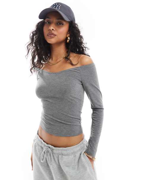 Miss Selfridge long sleeve v neck off shoulder top in gray - view 1