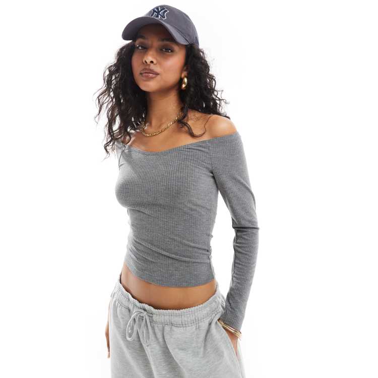Miss Selfridge long sleeve v neck off shoulder top in grey