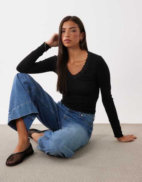 Miss Selfridge long sleeve v neck top in black - view 1