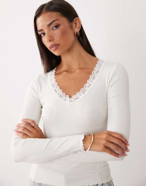 Miss Selfridge long sleeve v-neck top in white