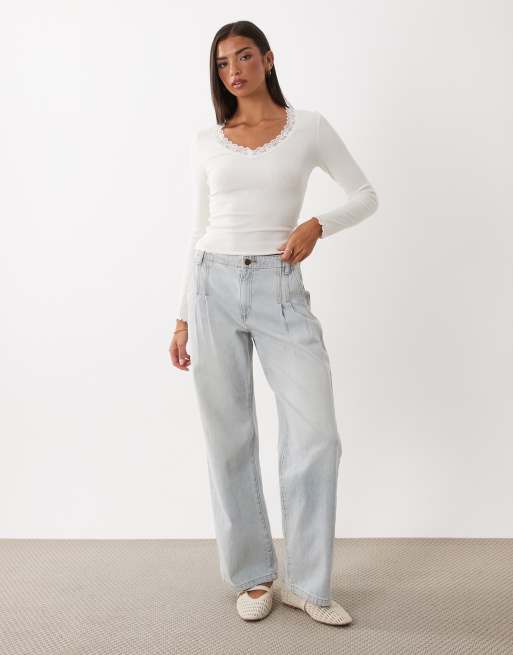 Miss Selfridge long sleeve v-neck top in white, 2 of 4