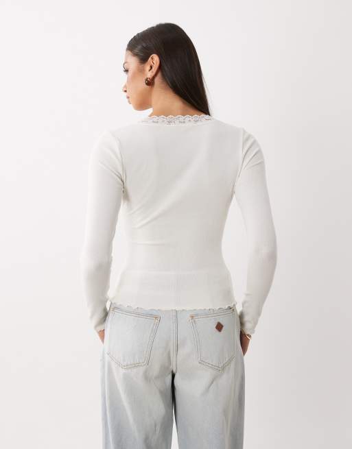 Miss Selfridge long sleeve v-neck top in white, 4 of 4