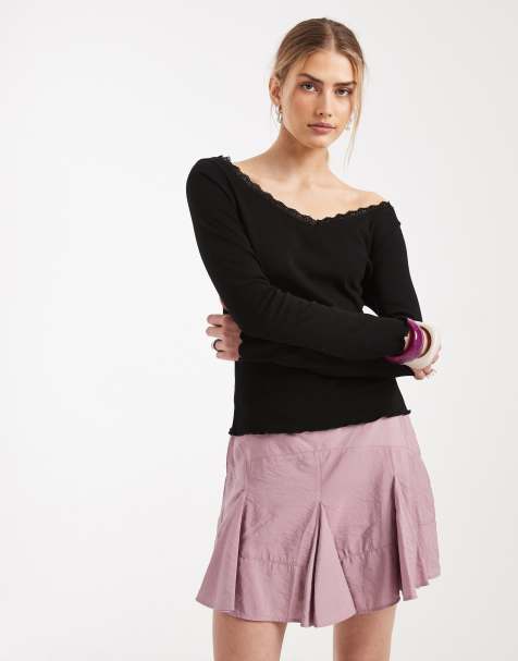 Miss Selfridge long sleeve v-neck top with lace neckline in black - view 1