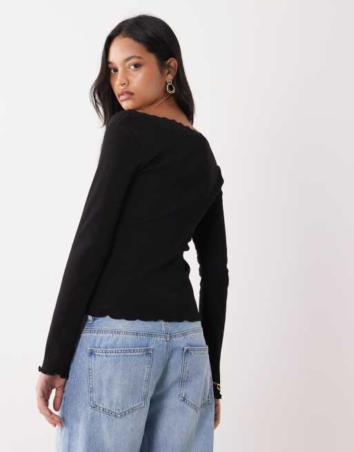 Miss Selfridge long sleeve v-neck top with lace neckline in black , 3 of 4