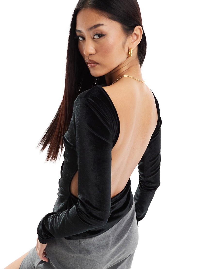 Miss Selfridge long sleeve velvet backless top in black