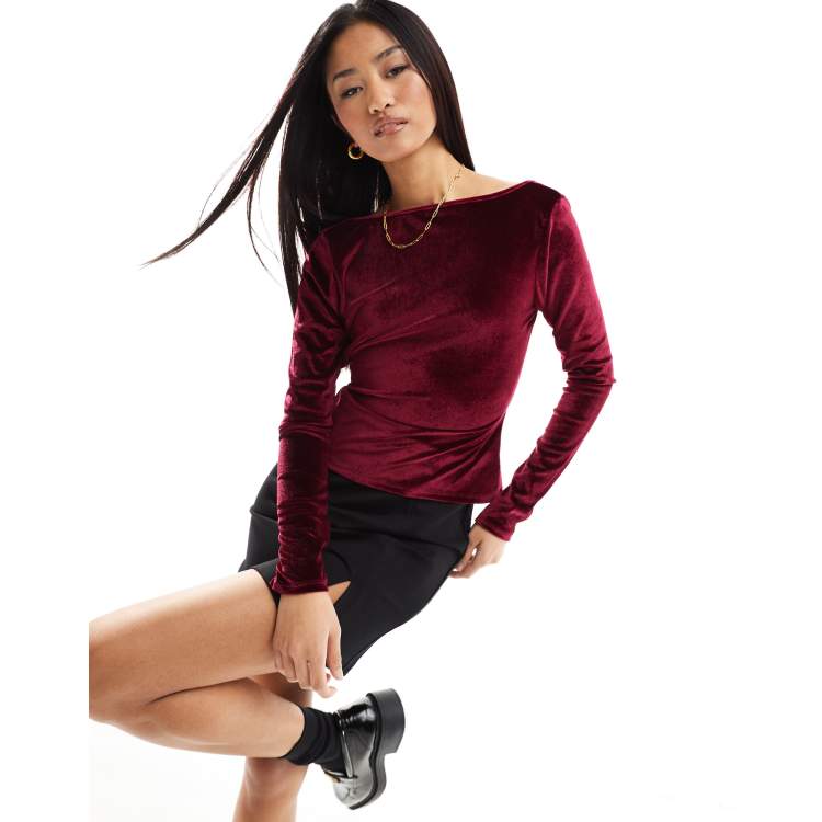 Miss Selfridge long sleeve velvet backless top in burgundy