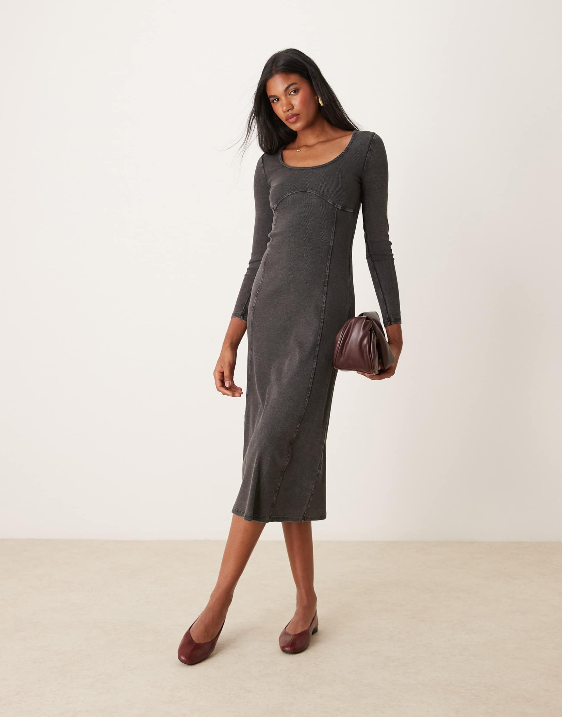 miss selfridge long sleeve washed midi dress in washed black