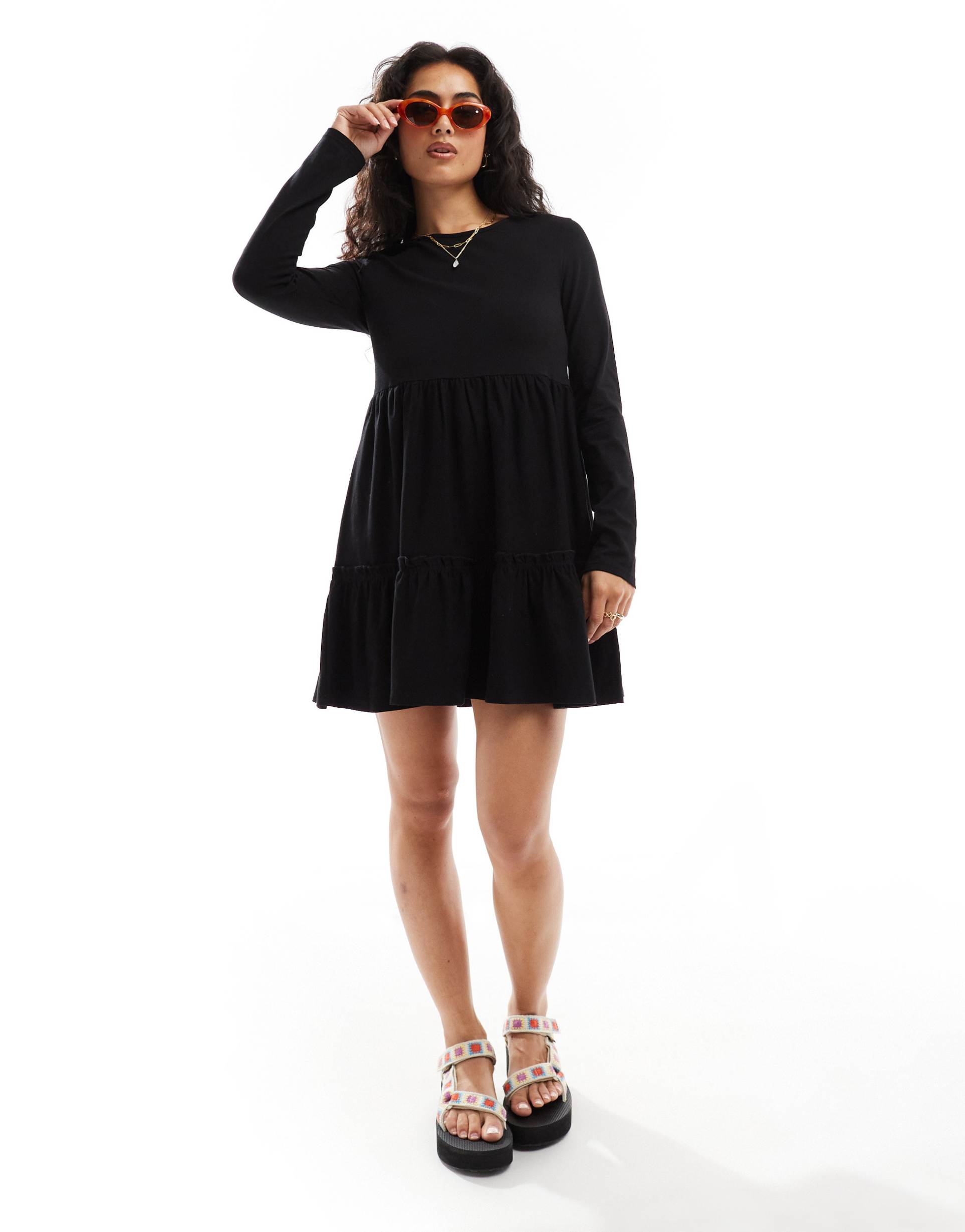 miss selfridge long sleeve washed smock mini dress in black