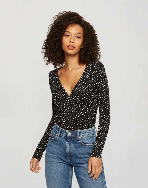 Miss Selfridge long sleeve wrap bodysuit in black | ASOS