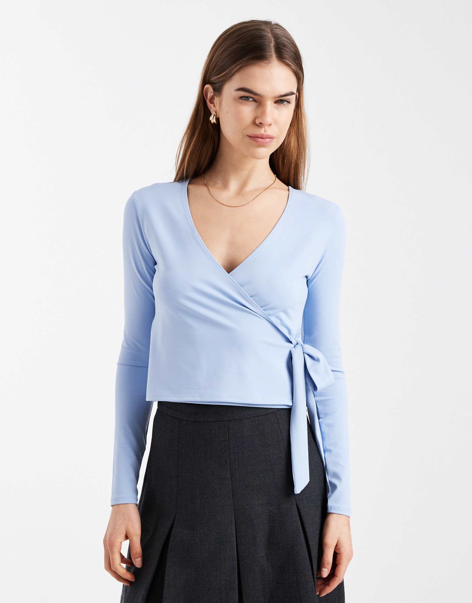 miss selfridge long sleeve wrap top in light blue