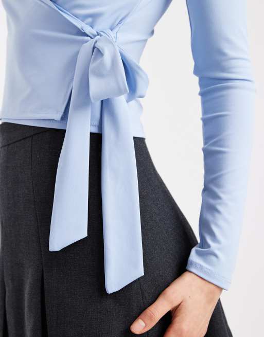 Miss Selfridge long sleeve wrap top in light blue, 3 of 4