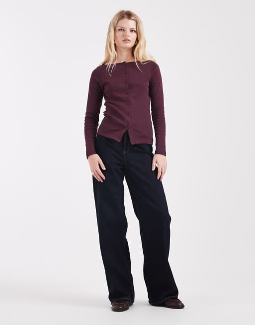 Miss Selfridge longer line rib cardigan in plum, 2 of 4